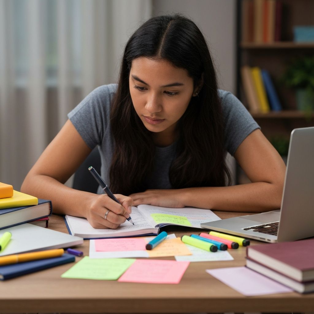 Appunti e materiale di studio con evidenziatori colorati